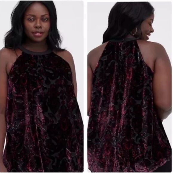 TORRID Halter Tunic Tank Top / Size 2X / Burnout Velvet Paisley Red Black NEW - Picture 2 of 9